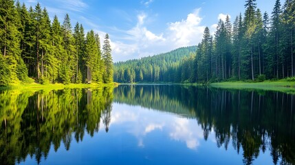 Obraz premium Serene lake encircled by vibrant autumn trees, their colorful reflections perfectly mirrored in the still water. The scene epitomizes tranquility and the beauty of fall.