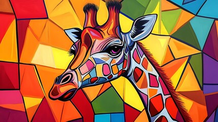 Vibrant cubist painting showcasing a lifelike image of a giraffe image
