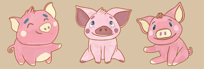 Obraz premium Cozy clipart collection of stickers with animals. Cheerful funny cute pigs