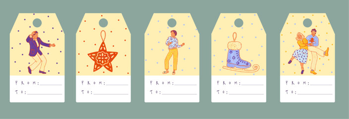 Cozy vintage clipart template set of Christmas gift tags. Retro party decoration
