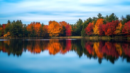 Obraz premium Serene lake encircled by vibrant autumn trees, their colorful reflections perfectly mirrored in the still water. The scene epitomizes tranquility and the beauty of fall.