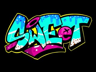 cool illustration with the word sweet written in a simple graffiti style that is easy to read and with a combination of colors that looks delicious like candy