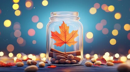 A vibrant autumn scene featuring a colorful maple leaf in a jar, surrounded by cinnamon sticks and nuts, with soft bokeh lights.