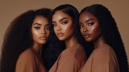 Three women pose closely together, highlighting various natural hairstyles and skin tones. They wear matching neutral-toned outfits, radiating confidence and beauty in a harmonious display.