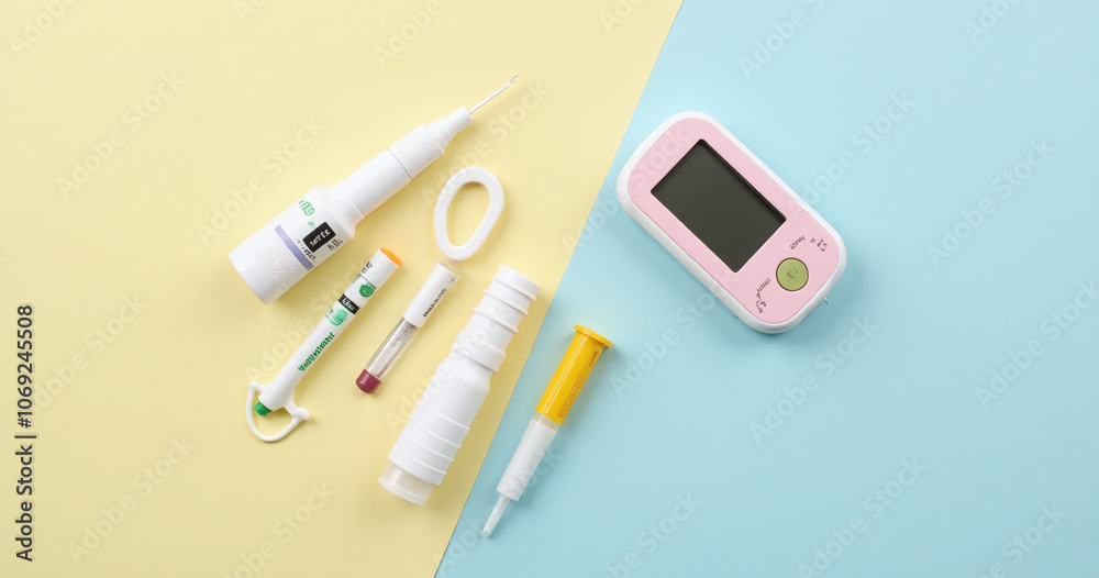 Aufkleber glucometer and medical supplies on color background top view with copy space means for controlling b
