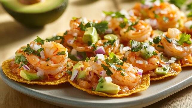 A vibrant platter showcases crispy Mexican tostadas generously topped with shrimp, avocado, onions, and cilantro, perfect for any festive gathering or casual meal