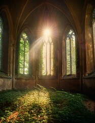 Fototapeta premium Rayos de luz brillante que atraviesan las ventanas de un antigua igllesia abandonada Hermosa iglesia medieval