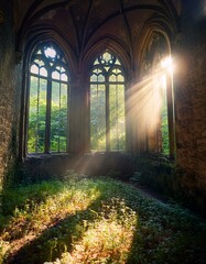 Obraz premium Rayos de luz brillante que atraviesan las ventanas de un antigua igllesia abandonada Hermosa iglesia medieval