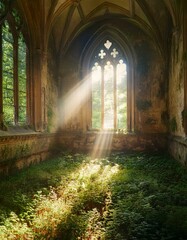 Fototapeta premium Rayos de luz brillante que atraviesan las ventanas de un antigua igllesia abandonada Hermosa iglesia medieval