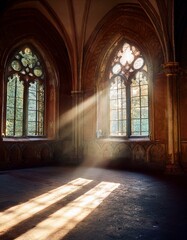 Obraz premium Rayos de luz brillante que atraviesan las ventanas de un antigua igllesia abandonada Hermosa iglesia medieval
