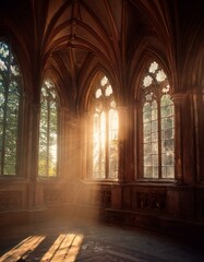 Obraz premium Rayos de luz brillante que atraviesan las ventanas de un antigua igllesia abandonada Hermosa iglesia medieval