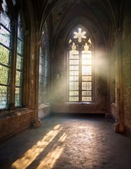 Fototapeta premium Rayos de luz brillante que atraviesan las ventanas de un antigua igllesia abandonada Hermosa iglesia medieval