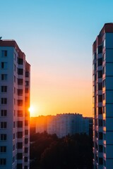 Vibrant sunset over modern urban skyline
