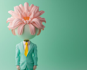 An abstract retro portrait of a man, his face replaced by a single fresh flower, symbolizing a heartfelt gift intended for his beloved. Valentine’s Day and Women’s Day  
Copy space