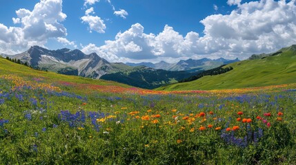 Beautiful panorama of mountain flowering meadow landscape.