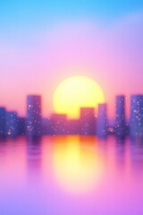 Fototapeta premium Vibrant sunset over a city skyline with sparkling reflections in the water