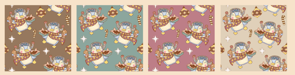 Cozy collection of seamless patterns with animals on a background of pastel colors. Cheerful funny dressed penguins in Christmas sweaters with a cup of cocoa and sweets