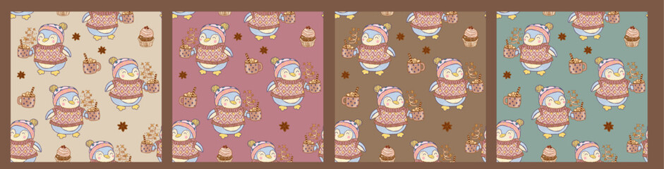 Cozy collection of seamless patterns with animals on a background of pastel colors. Cheerful funny dressed penguins in Christmas sweaters with a cup of cocoa and sweets