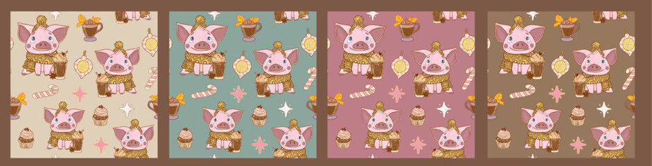 Obraz premium Cozy collection of seamless patterns with animals on a background of pastel colors. Cheerful funny dressed pigs in Christmas sweaters with a cup of cocoa and sweets