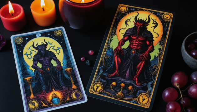 dark tarot card with a demon and a ritual, well lit picture, colorful picture and highly detailed, wellbeing