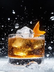 Refreshing cocktail with ice and orange peel garnish