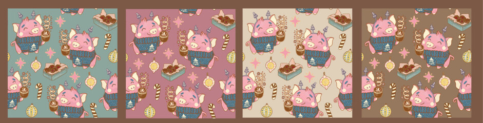 Cozy collection of seamless patterns with animals on a background of pastel colors. Cheerful funny dressed pigs in Christmas sweaters with a cup of cocoa and sweets