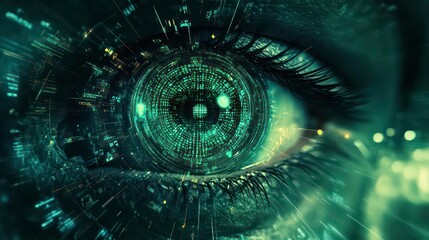 Background in digital eye and data network technology. Exploring new frontiers in virtual cyberspace and internet secure surveillance, featuring binary code digital eyes and safety scanners.