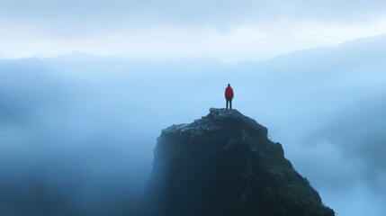 person standing on a rocky cliff overlooking a misty landscape