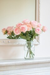 Obraz premium Delicate pink roses in a glass vase on a white mantel