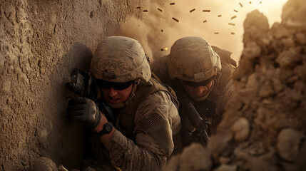A pair of soldiers caught in an ambush, taking cover behind a crumbling wall as bullets ricochet around them.


