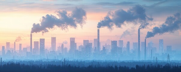 Fototapeta premium A series of air pollution icons depicting smog-filled skies and factory emissions copy space, cityscape theme, futuristic, Multilayer, skyline backdrop