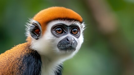 Obraz premium Capturing the gentle gaze of a vibrant monkey in lush surroundings during a serene moment in nature