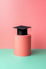 graduation cap on a pedestal against a pink and green background