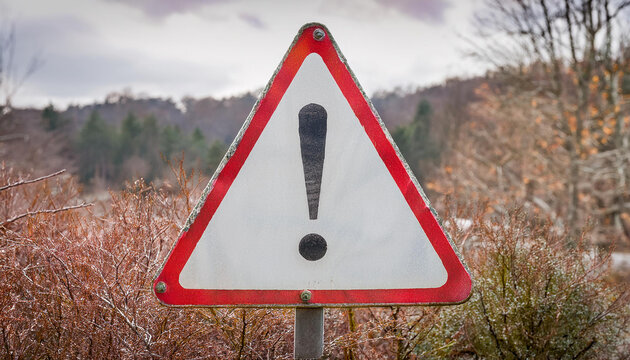 Weathered triangular warning sign with exclamation point.
