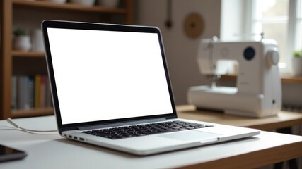 Laptop with blank screen on desk beside sewing machine in bright workspace