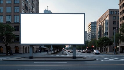 Fototapeta premium Urban street with blank city billboard at dusk capturing evening traffic.It is an ideal place to place advertisements, news or up-to-date information for passers-by.
