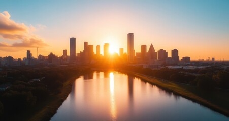 Fototapeta premium Stunning skyline of a modern city at sunset with skyscrapers reflecting in the calm waters of a river