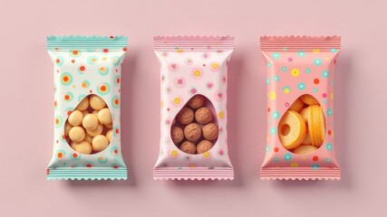 Colorful packaging design for sweets featuring polka dot patterns on peach background