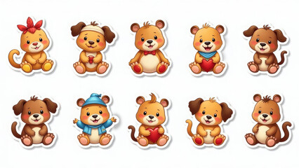 Cute cartoon animal stickers: adorable bears and puppies with accessories