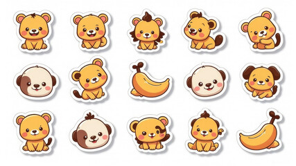 Cute cartoon animals and fruits sticker set with lions and dogs