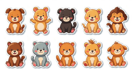 Obraz premium Cute cartoon baby animals stickers: bears, lions, dogs, and more for kids