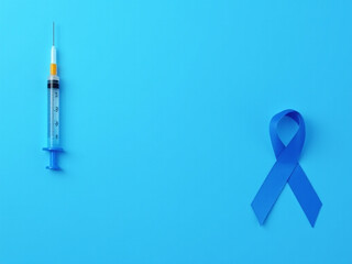 Insulin syringe blue ribbon and the word Diabetes on a blue background World Diabetes Day 14 November