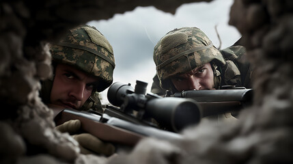 Fototapeta premium Two snipers hidden in the ruins of a bombed-out building, quietly scanning the battlefield through their scopes.