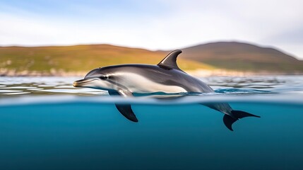Fototapeta premium Close encounter with a gentle dolphin swimming near the shore, showcasing its vibrant spirit and serene beauty in natural light