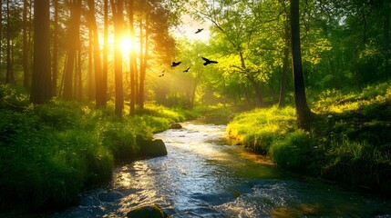 Obraz premium Serene river winding through a dense jungle, flanked by lush green foliage, with exotic wildlife visible along the banks