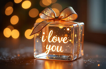 Gift box with inscription I love you on bokeh background