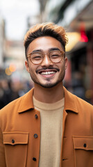 Fototapeta premium Smiling young Gen Z man with glasses in urban setting