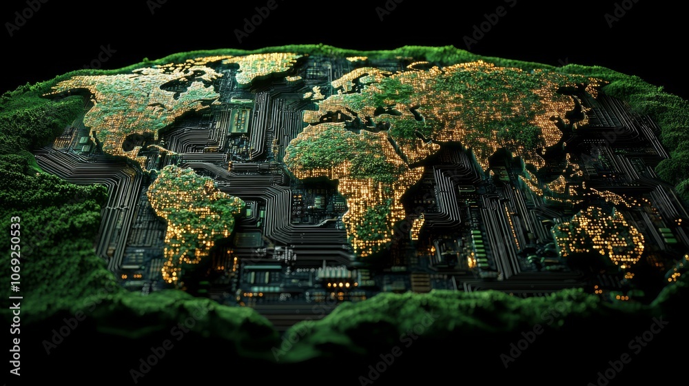 Aufkleber world map made of circuit board glowing in dark environment, technology and globalization concept