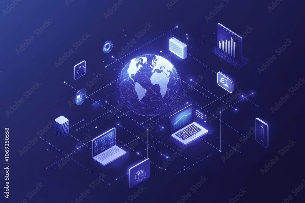 Poster a digital illustration of an abstract network with icons representing various devices and the intern