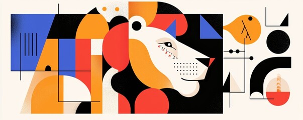 A lion with a mane composed of colorful, mismatched shapes and tribal motifs, in a surreal, artistic style.